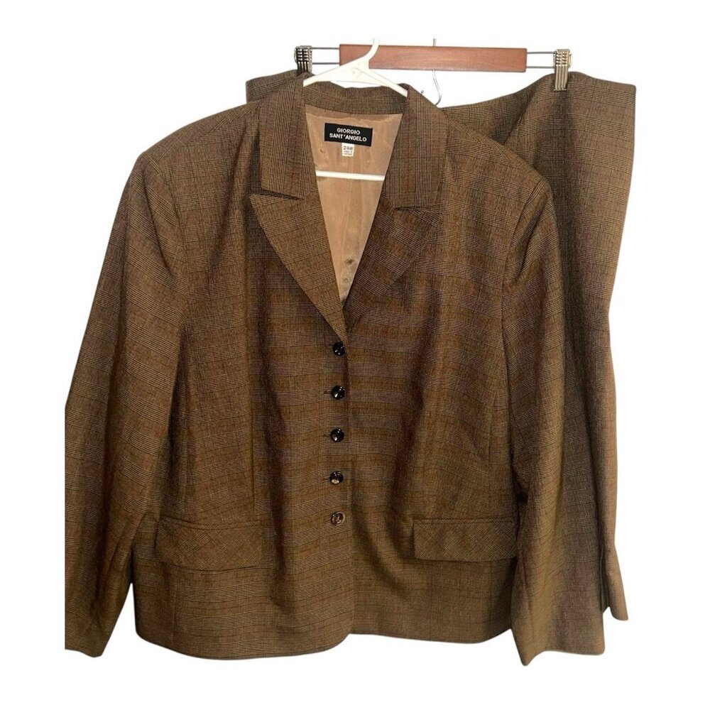 Vintage Giorgio Sant Angelo Brown Plaid Pleated Blazer Skirt Set Women’s 24 W